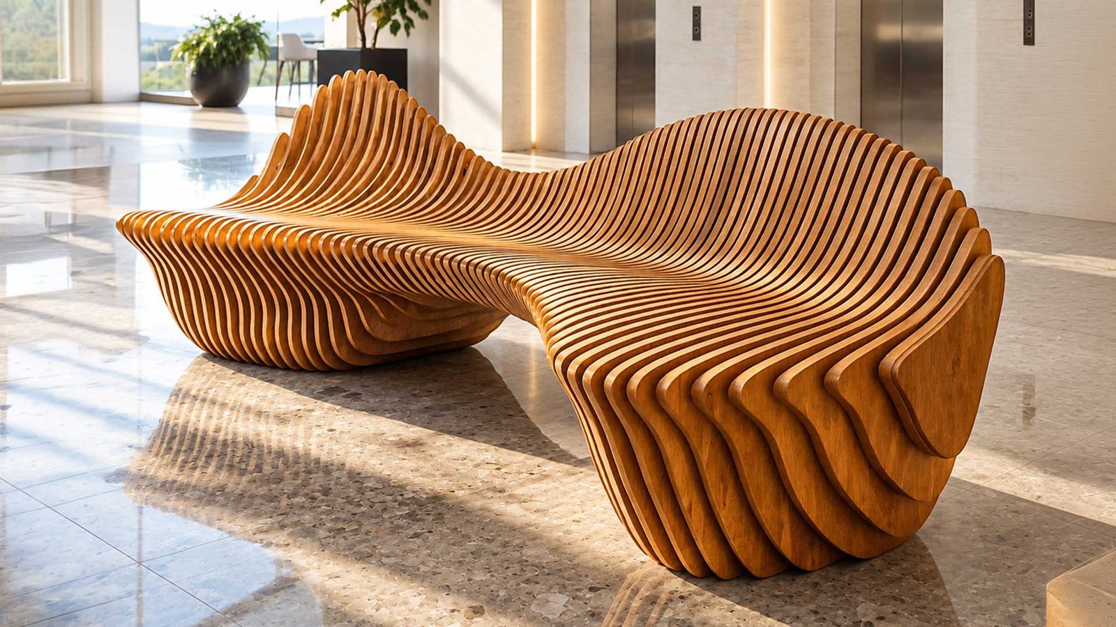 Sculptural wooden bench with flowing curves and a layered parametric design by Mobilinea.