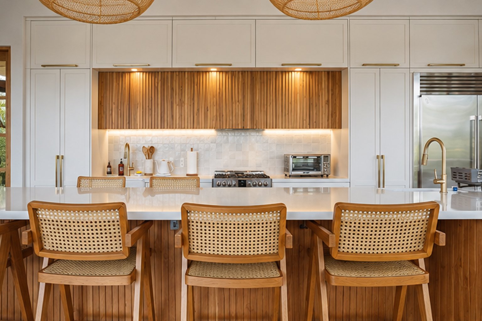 Luxury white kitchen with teak wood details in Nosara, Costa Rica Title: Luxury White & Teak Kitchen in Nosara