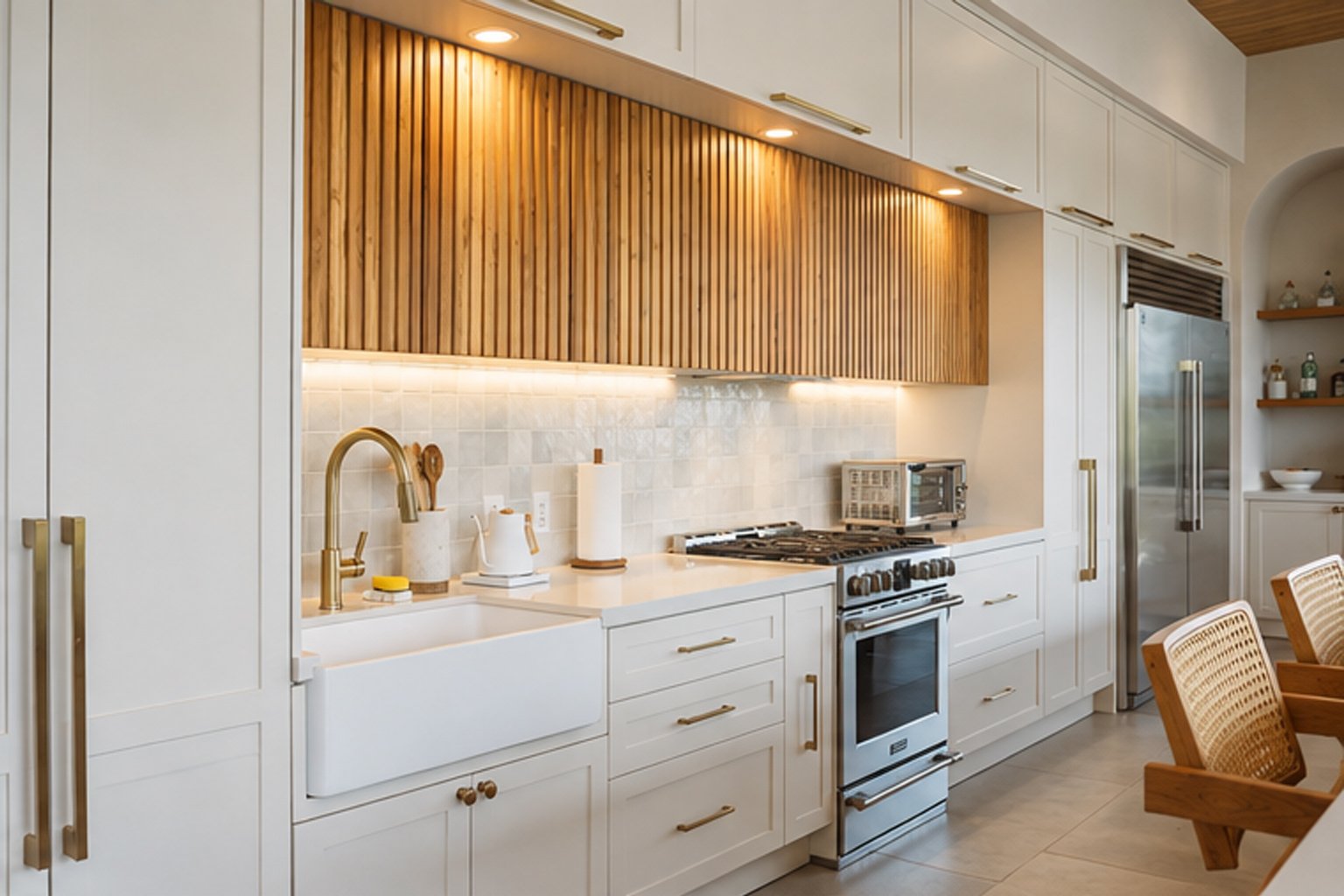 Custom kitchen with white cabinetry and teak wood accents in Nosara