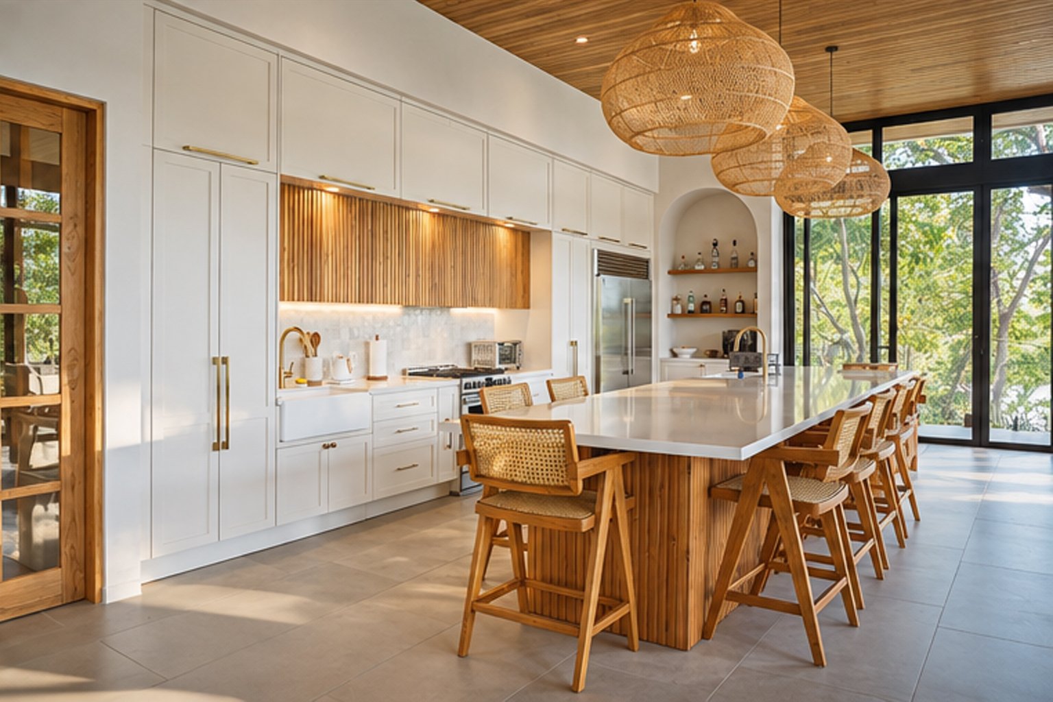 Modern white and teak kitchen with ocean views in Nosara, Costa Rica