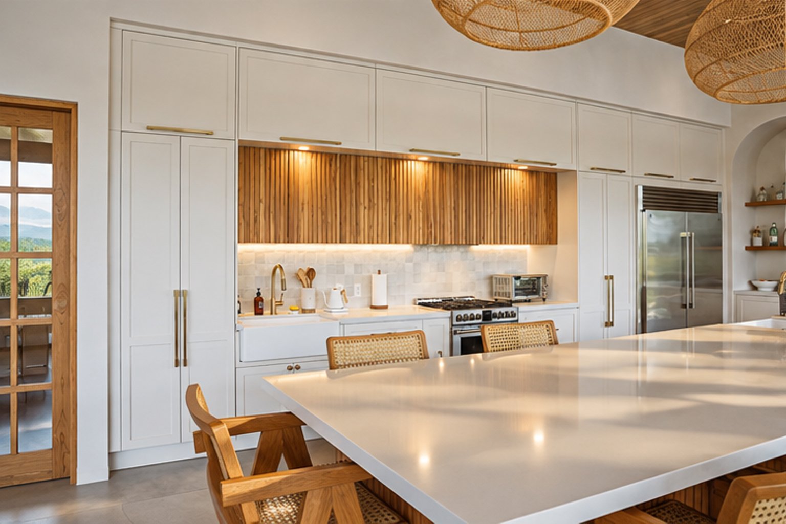 Luxury custom kitchen with teak details and large island in Nosara