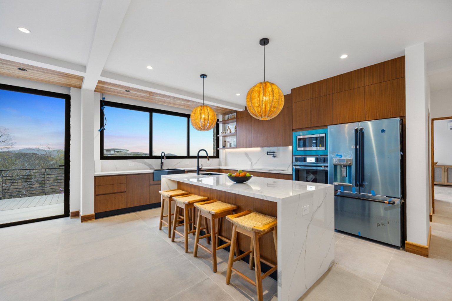 Modern custom kitchen island with wood detailing in Guanacaste Costa Rica