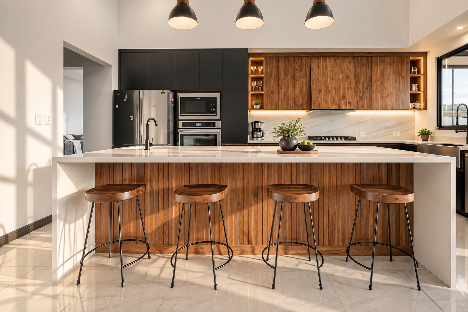 Modern custom kitchen by Mobilinea, combining warm wood cabinetry, dark finishes and a contemporary central island.