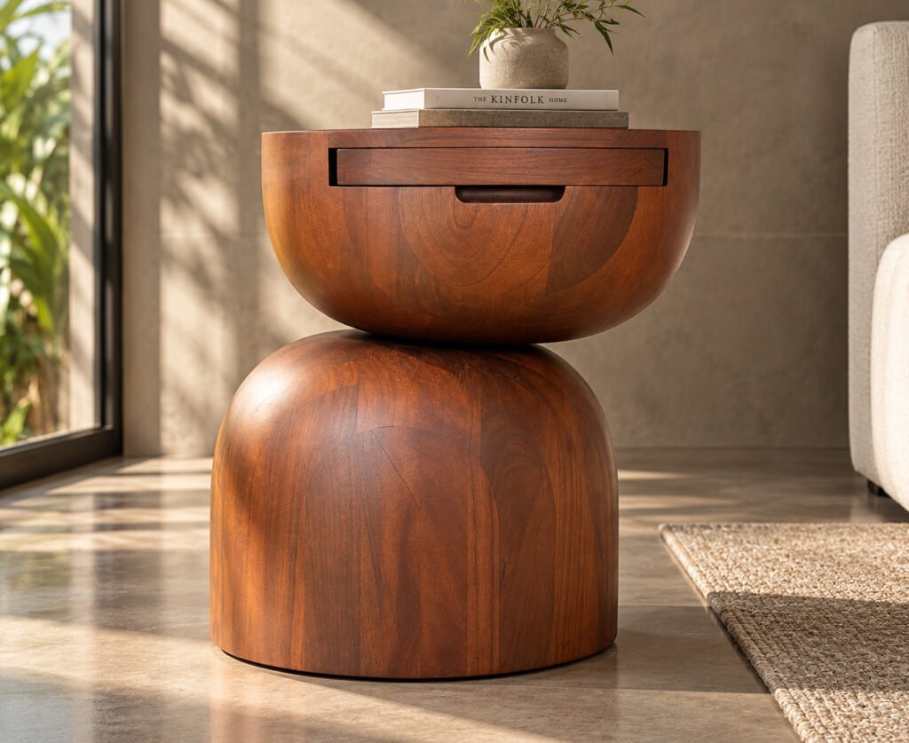 Sculptural solid wood side table by Mobilinea in Costa Rica