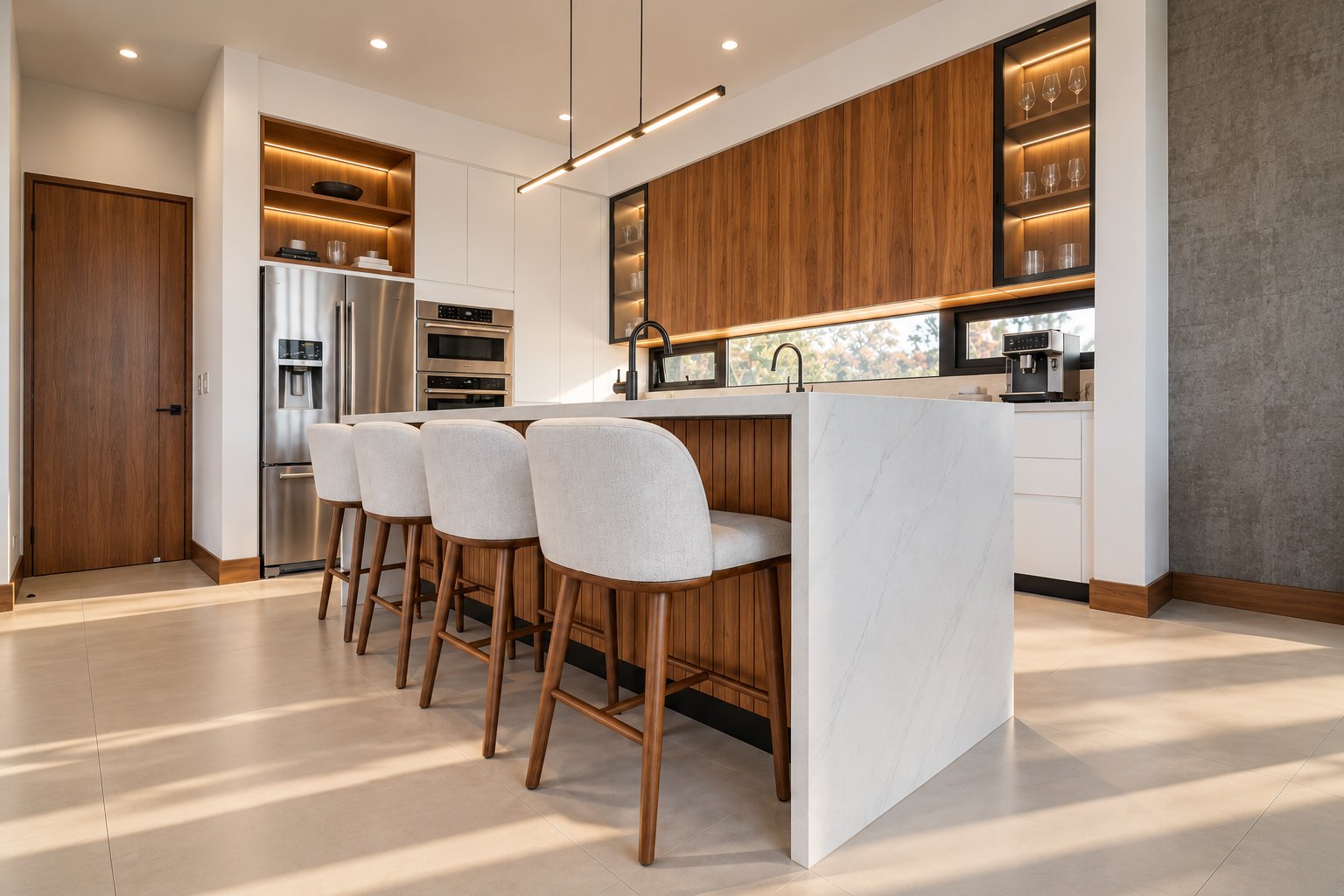 Luxury custom kitchen by Mobilinea in Costa Rica with walnut cabinetry and white stone island