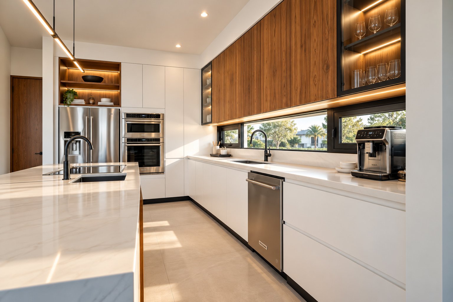 Modern walnut kitchen design with custom cabinetry and integrated lighting in Costa Rica