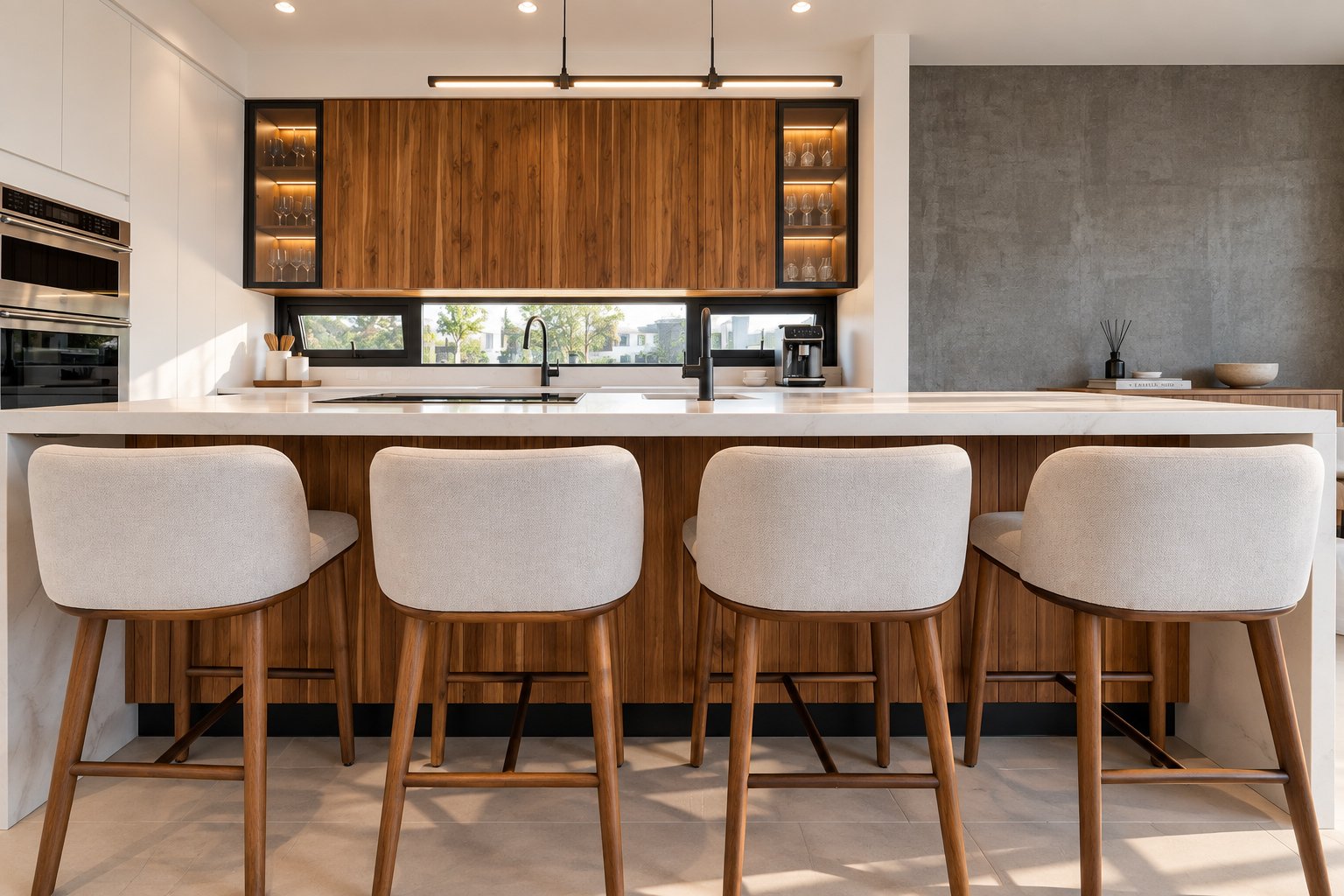 Custom kitchen island with walnut details and upholstered seating by Mobilinea Costa Rica