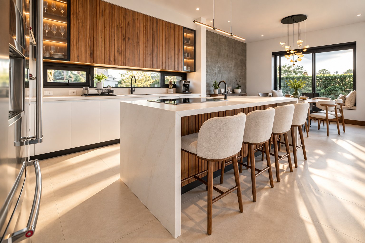 Contemporary custom kitchen cabinetry in walnut and white designed by Mobilinea in Costa Rica