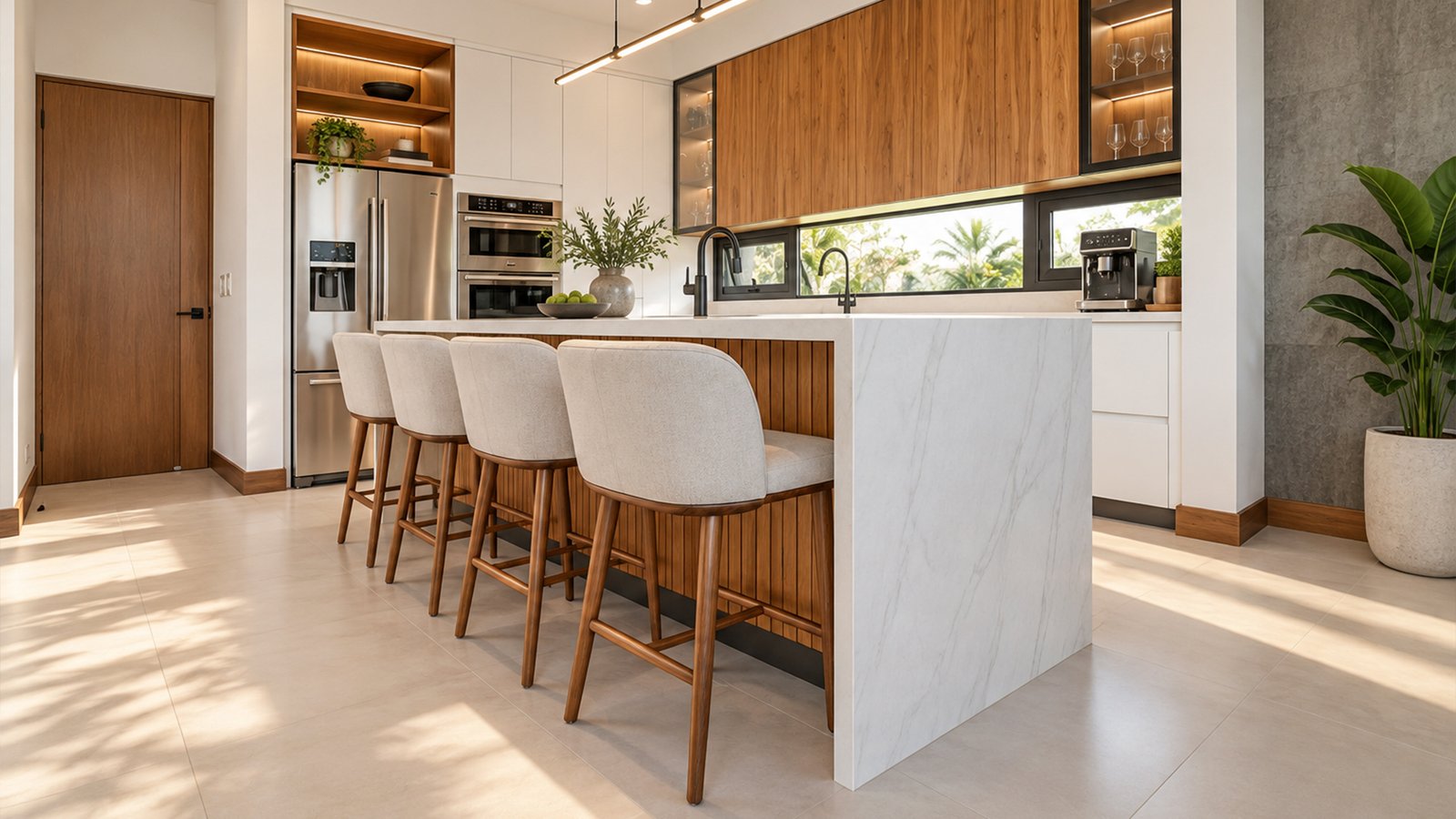 Contemporary custom kitchen cabinetry in walnut and white designed by Mobilinea in Costa Rica
