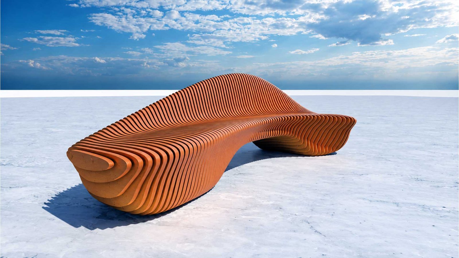 Nosara parametric bench by Mobilinea, featuring curved solid pine slats and a sculptural wave-shaped profile.