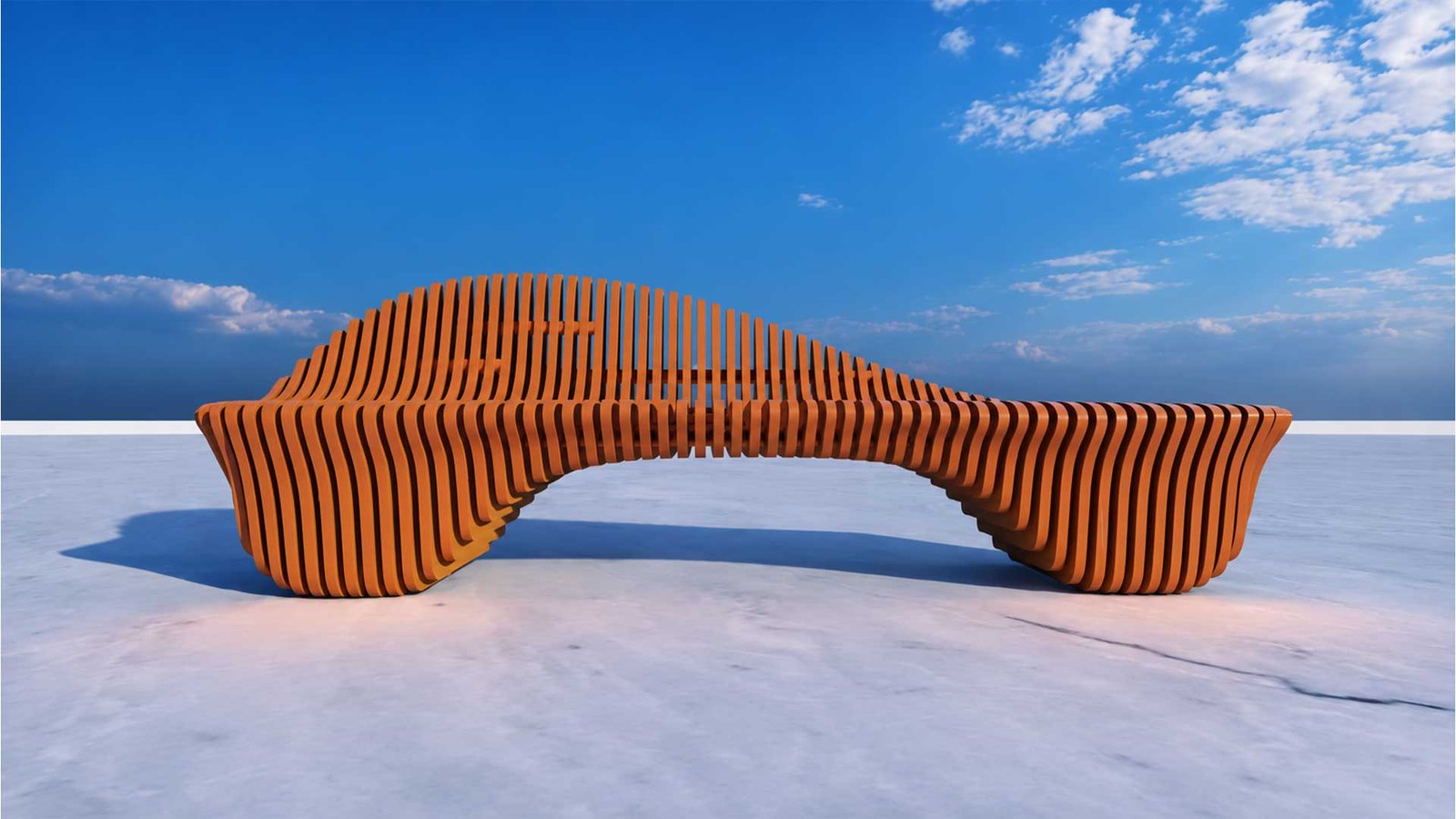 Sámara parametric bench by Mobilinea, featuring curved solid pine slats and a sculptural wave-shaped profile.